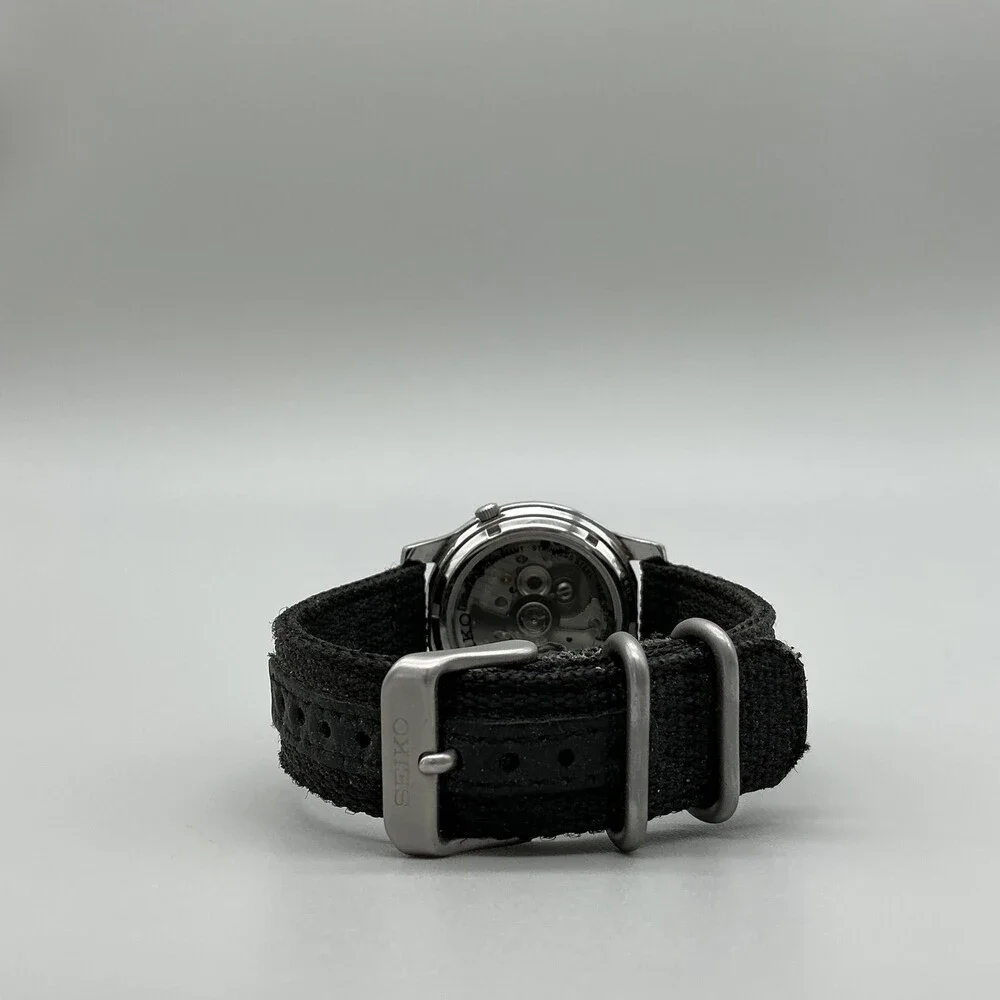 Seiko 5 Automatic Mens Watch 37mm Black Dial Nylon Strap Day Date 7S26-02J0
